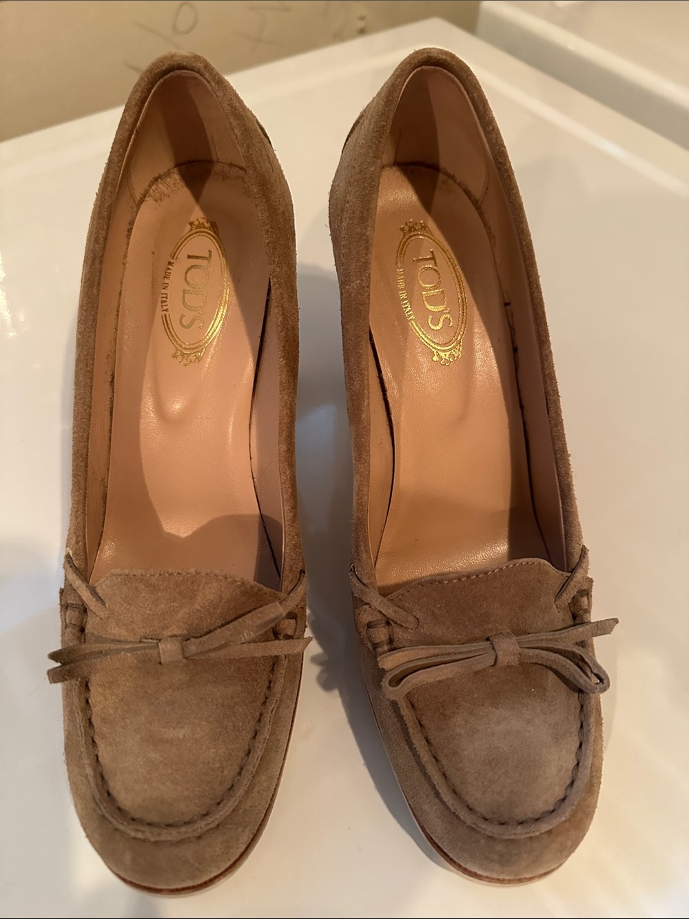TOD'S Taupe Suede Loafer Pump with Bow